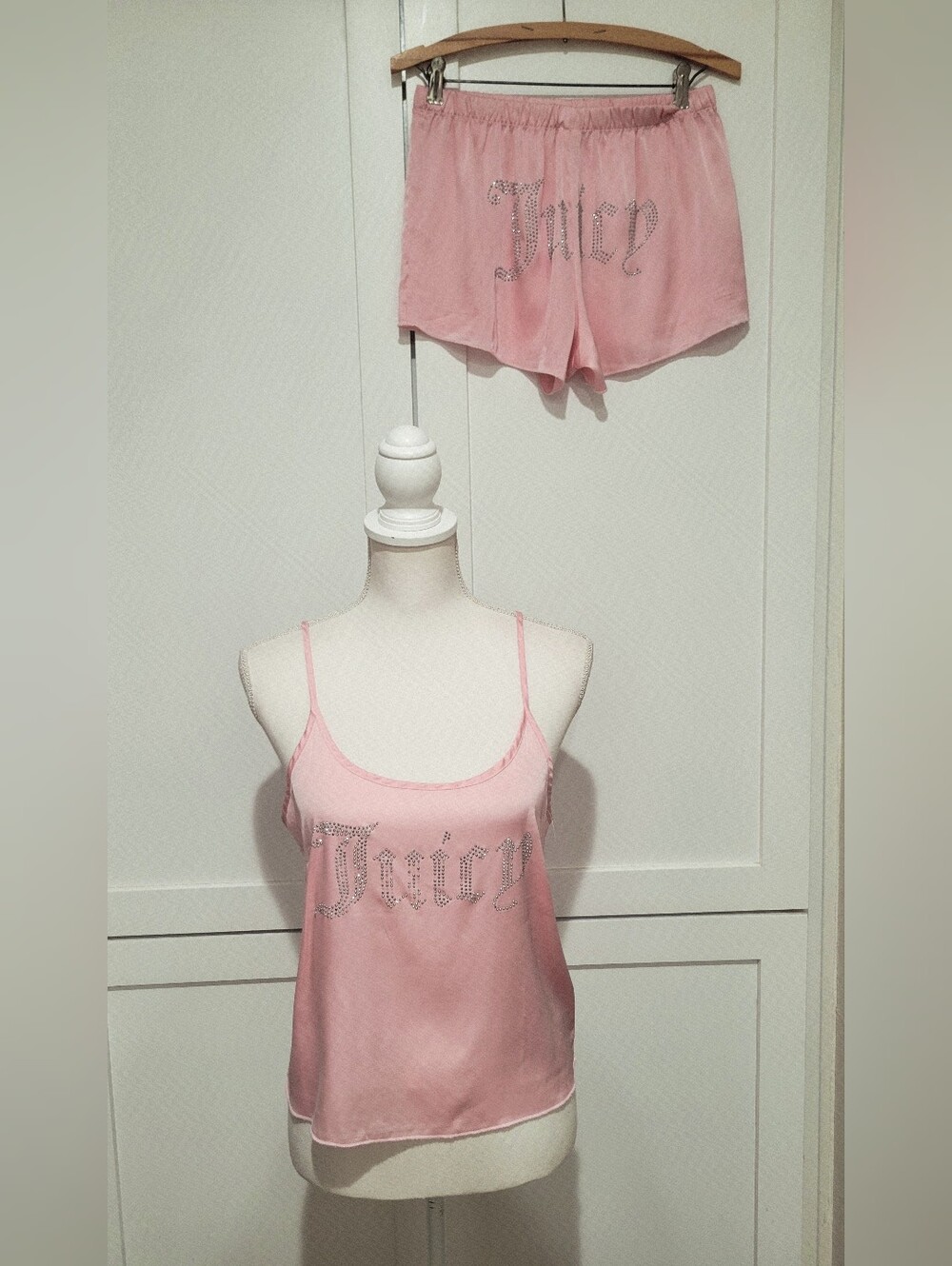 Juicy Couture Pink Rhinestone Logo Satin Camisole & Shorts Pajama Set | Size S